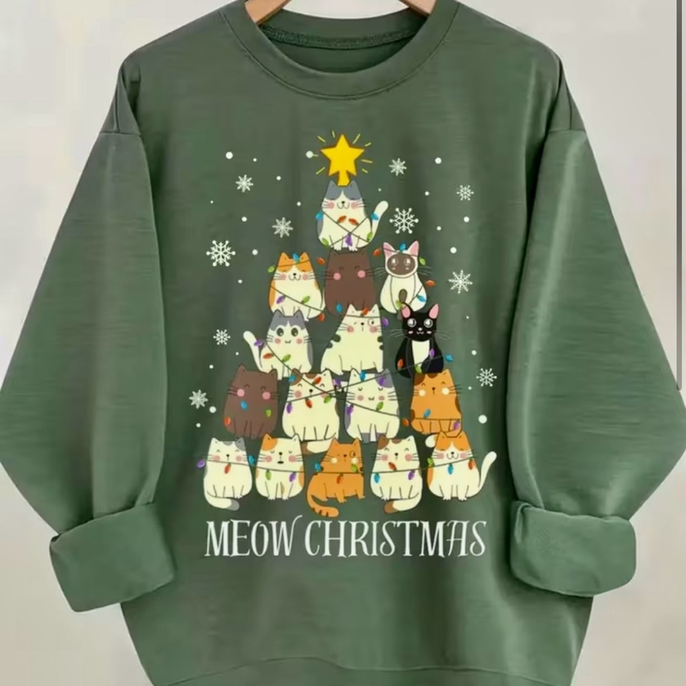 Festive Christmas Cat Tree Graphic Sweatshirt - Green